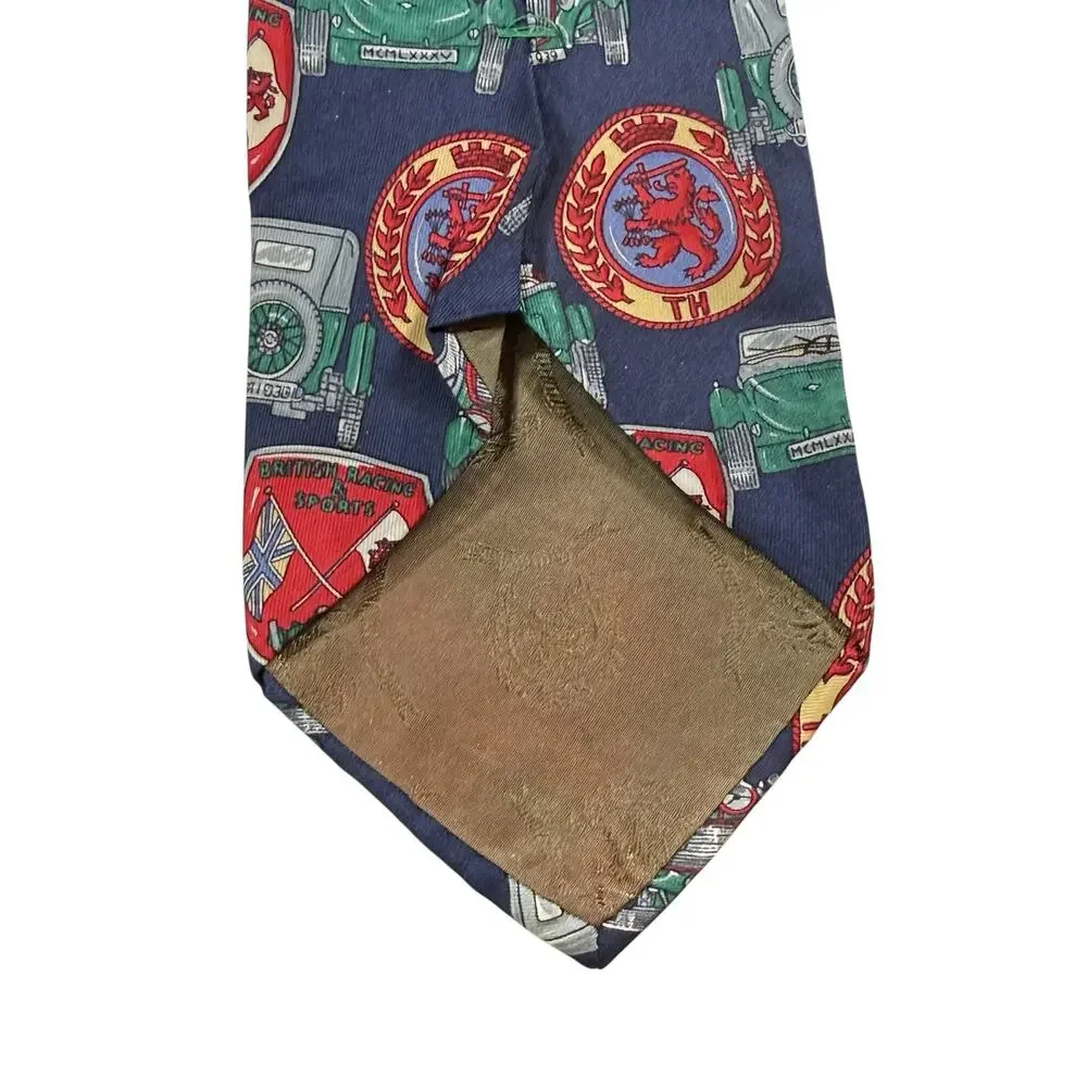 VTG Tommy Hilfiger Silk Necktie Heraldic Crest Shield Race Car Blue Red Made USA